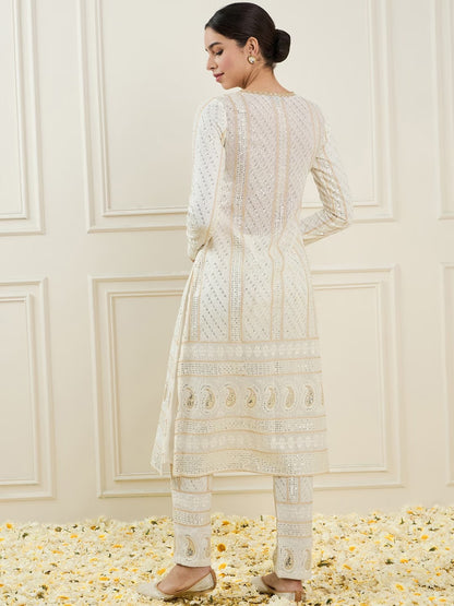 Women Embroidered Regular Sequinned Kurta with Trousers