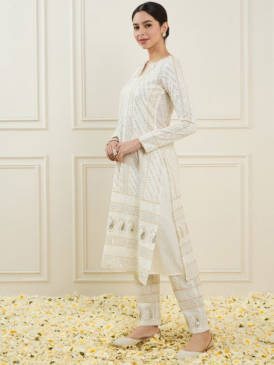 Women Embroidered Regular Sequinned Kurta with Trousers