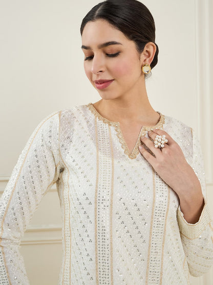 Women Embroidered Regular Sequinned Kurta with Trousers