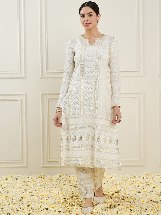 Women Embroidered Regular Sequinned Kurta with Trousers