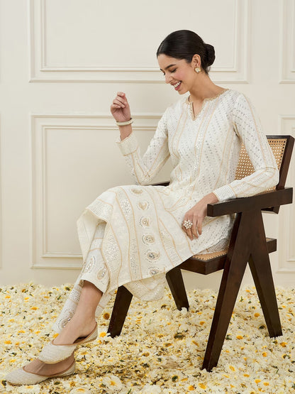 Women Embroidered Regular Sequinned Kurta with Trousers