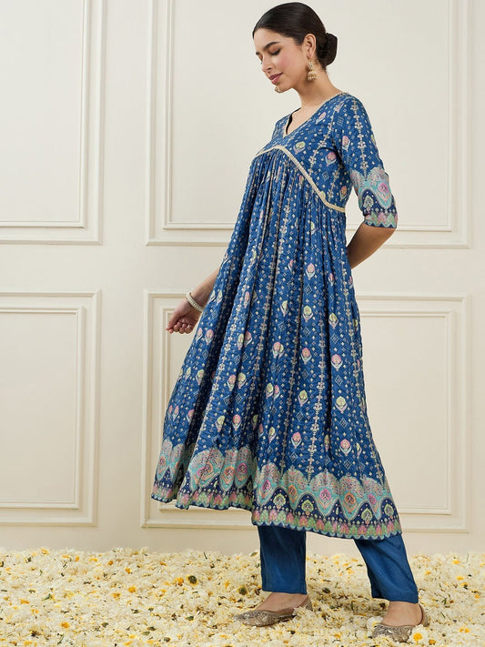 Women Printed Empire Chanderi Silk Kurta With Trousers