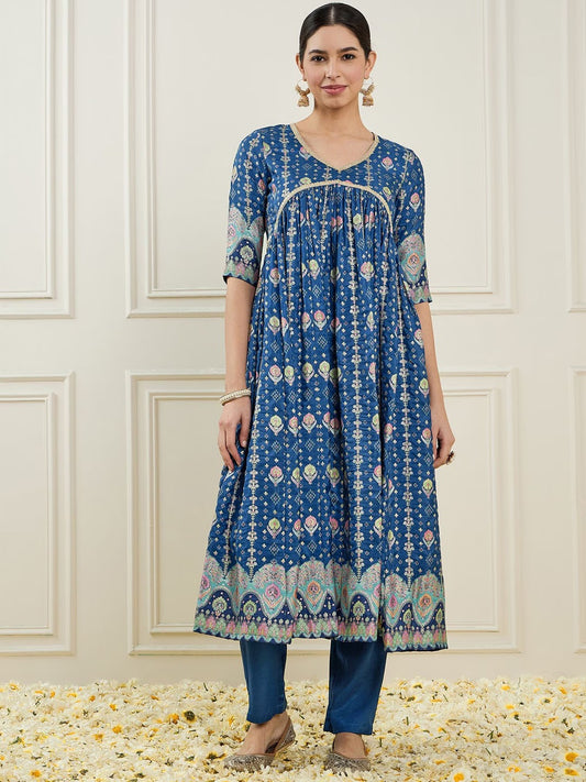 Women Printed Empire Chanderi Silk Kurta With Trousers