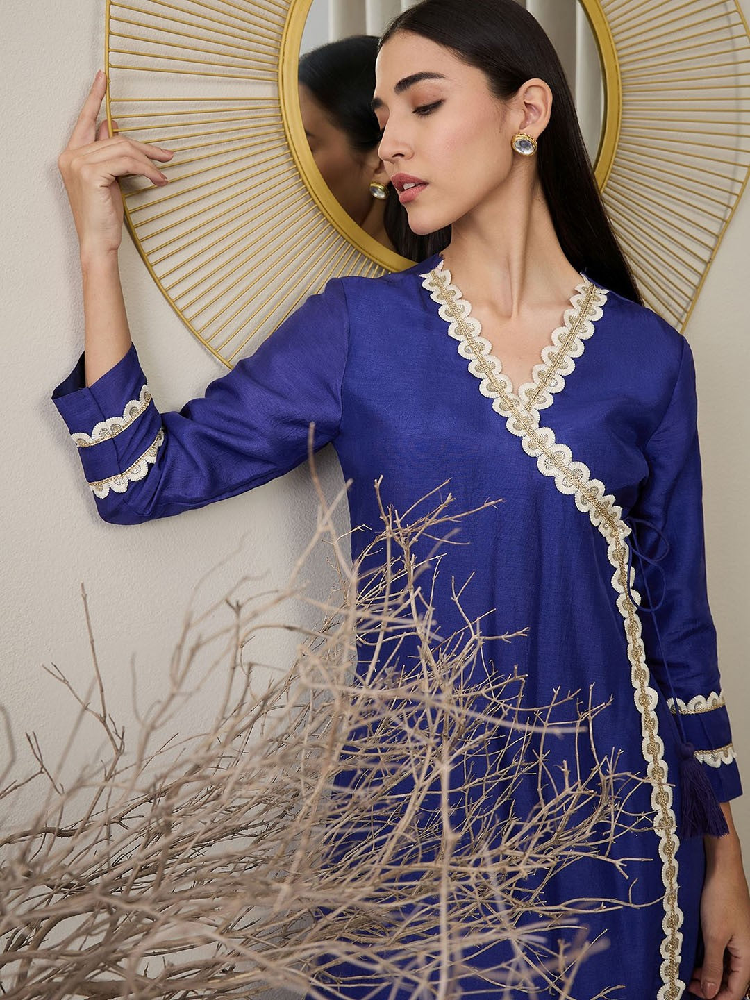 Adornia Solid Silk Blend Angrakha Kurta Set with Gotta Patti Detailing