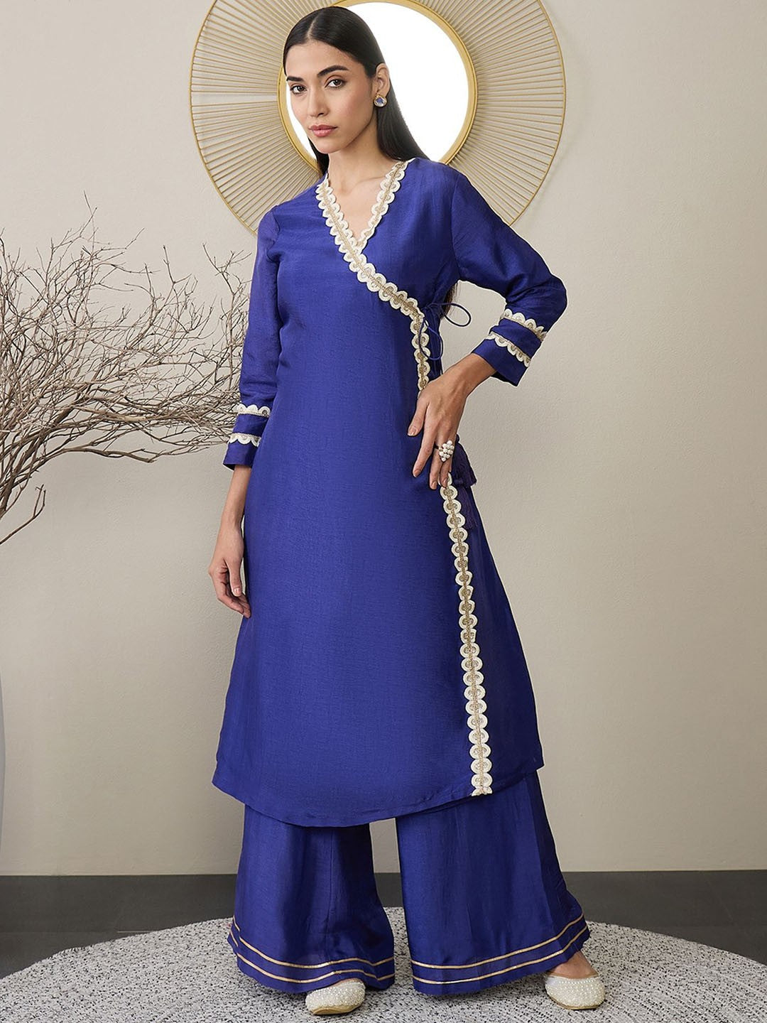 Adornia Solid Silk Blend Angrakha Kurta Set with Gotta Patti Detailing