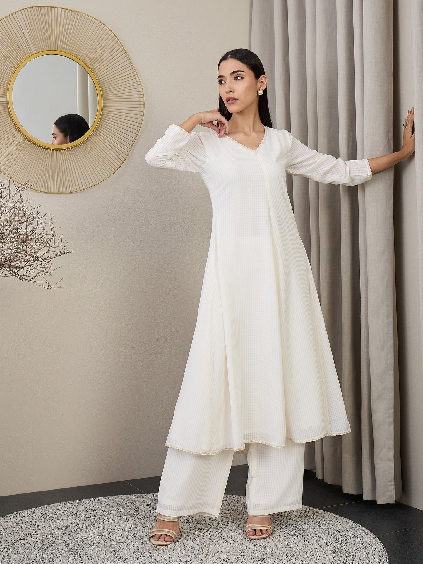 Checked V-Neck A-line Kurta with Palazzos