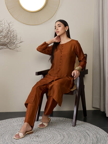 Women High Slit Pure Silk Kurta with Trousers