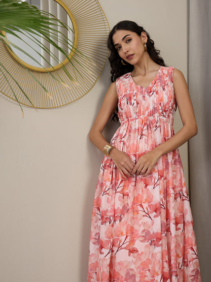 V-Neck Floral Printed Pleated Gotta Patti Anarkali Kurta with Trousers