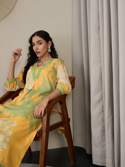 Square Neck Floral Printed Gotta Patti A-Line Kurta with Trousers