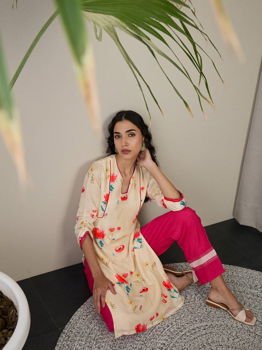 Floral Printed Notch Neck Regular Straight Kurta With Trousers