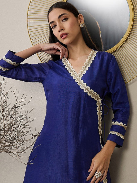 Adornia Solid Silk Blend Angrakha Kurta Set with Gotta Patti Detailing