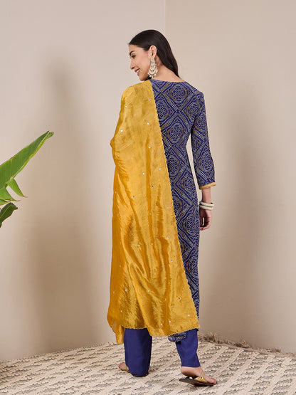 Bandhani Printed Regular Anarkali Kurta With Trousers & Dupatta