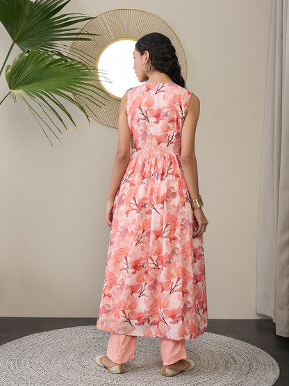 V-Neck Floral Printed Pleated Gotta Patti Anarkali Kurta with Trousers