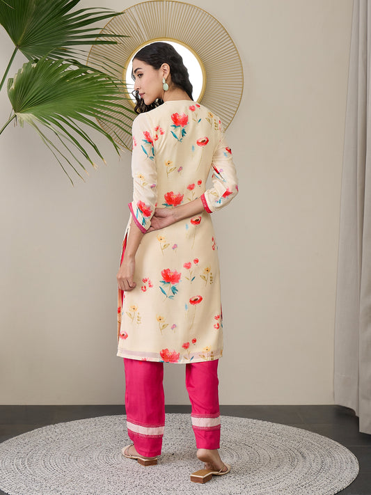 Floral Printed Notch Neck Regular Straight Kurta With Trousers