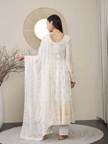 V-Neck Floral Embroidered Empire Mirror Work Anarkali Kurta with Trouser & Dupatta