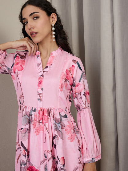 Floral Printed Mandarin Collar Puffed Sleeves Anarkali Kurta With Trousers
