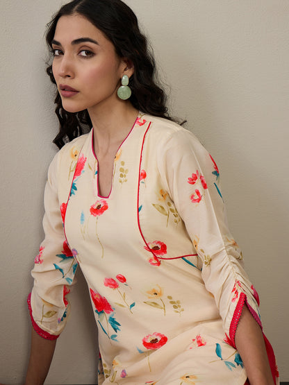 Floral Printed Notch Neck Regular Straight Kurta With Trousers