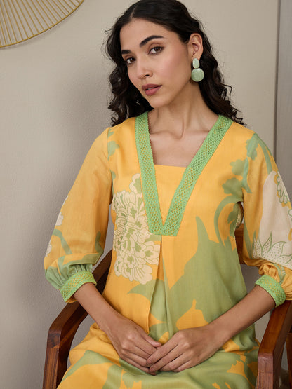 Square Neck Floral Printed Gotta Patti A-Line Kurta with Trousers