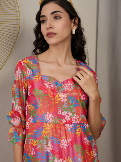 Floral Print Ruffled Crepe A-Line Dress