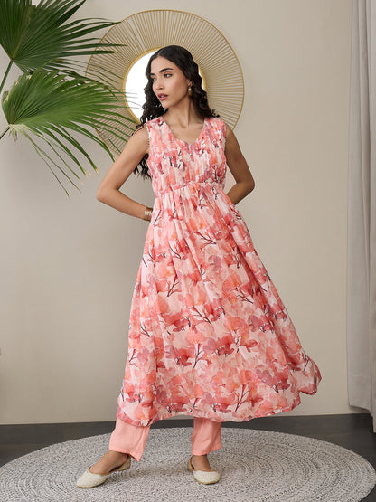 V-Neck Floral Printed Pleated Gotta Patti Anarkali Kurta with Trousers