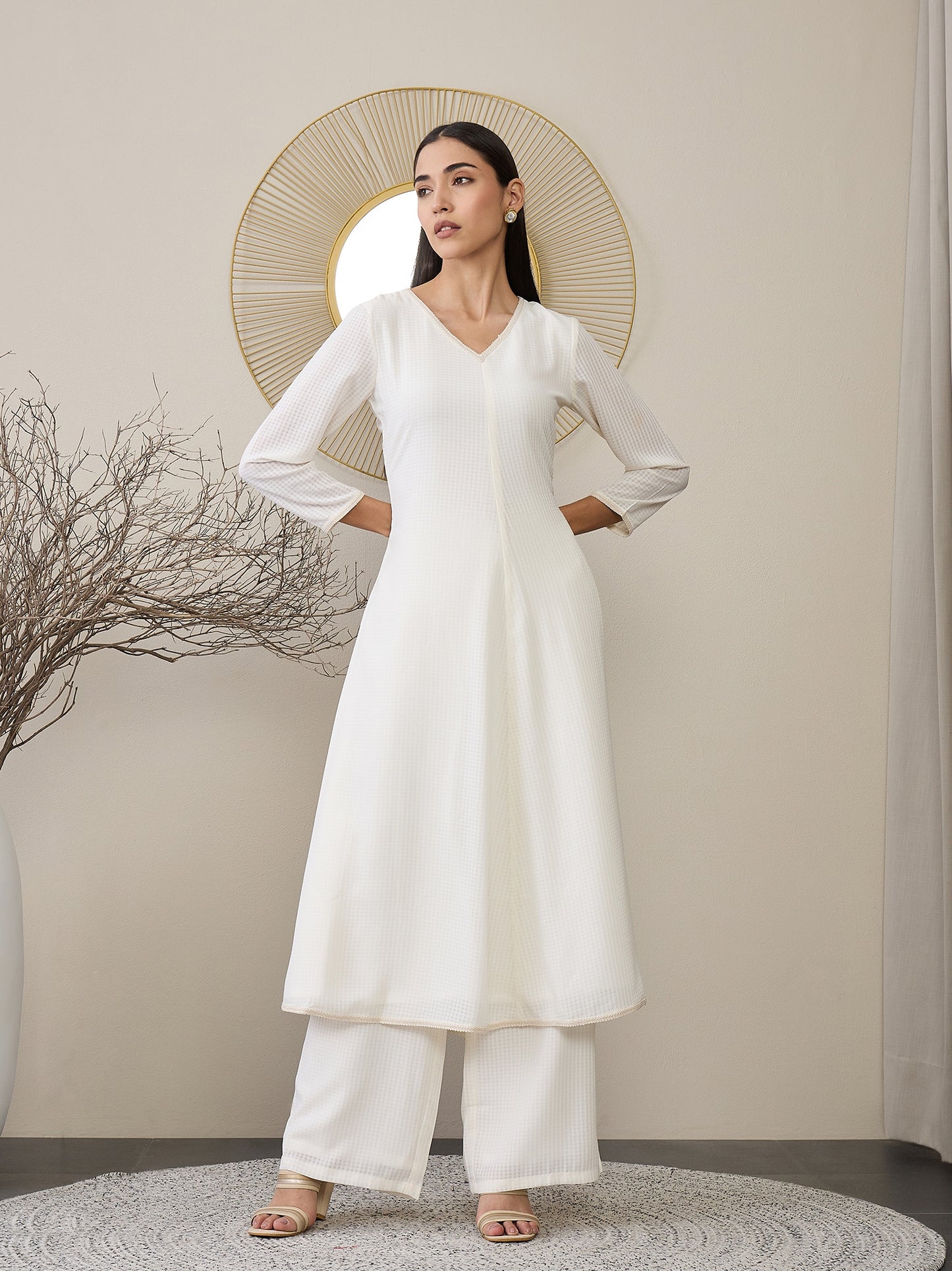 Checked V-Neck A-line Kurta with Palazzos