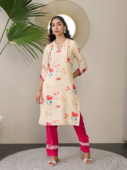 Floral Printed Notch Neck Regular Straight Kurta With Trousers