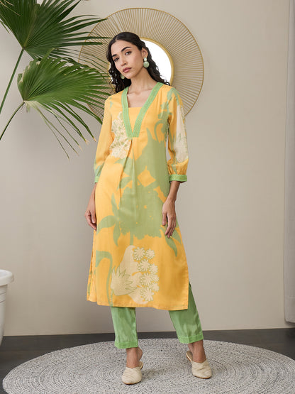 Square Neck Floral Printed Gotta Patti A-Line Kurta with Trousers
