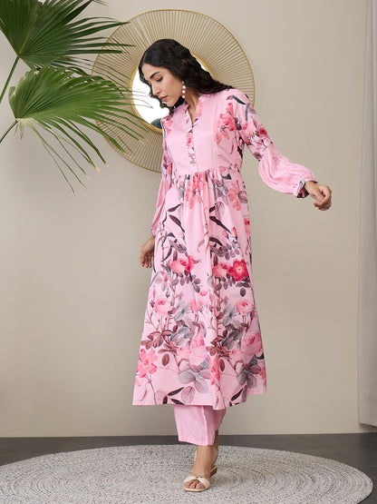 Floral Printed Mandarin Collar Puffed Sleeves Anarkali Kurta With Trousers