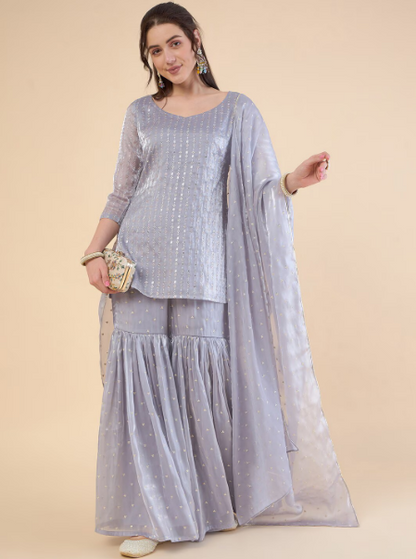 Embroidered Regular Sequinned Kurta with Sharara & With Dupatta