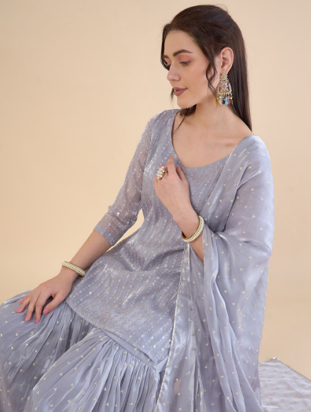 Embroidered Regular Sequinned Kurta with Sharara & With Dupatta