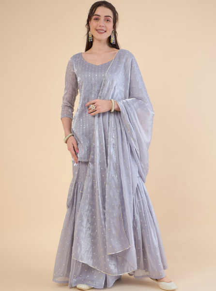 Embroidered Regular Sequinned Kurta with Sharara & With Dupatta