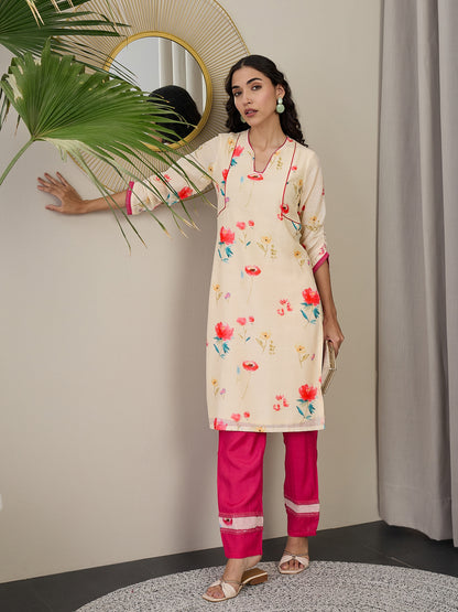 Floral Printed Notch Neck Regular Straight Kurta With Trousers