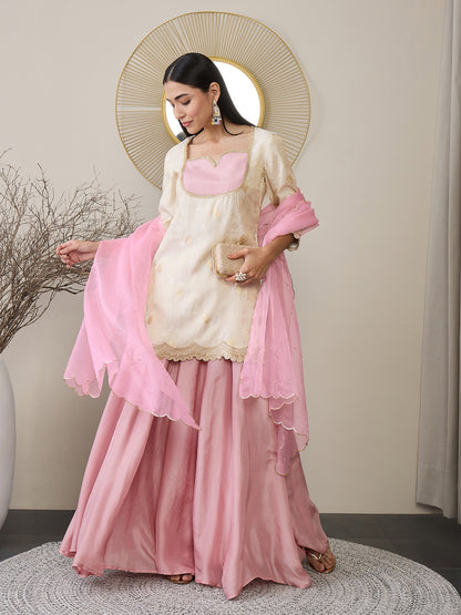 Ethnic Motifs Yoke Design Sweetheart Neck Brocade Kurti with Palazzos & Dupatta