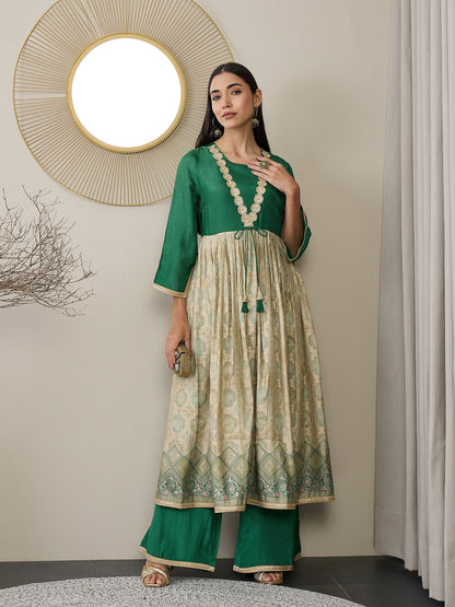 Ethnic Motifs Printed Square Neck Gotta Patti Tissue Anarkali Kurta With Palazzos