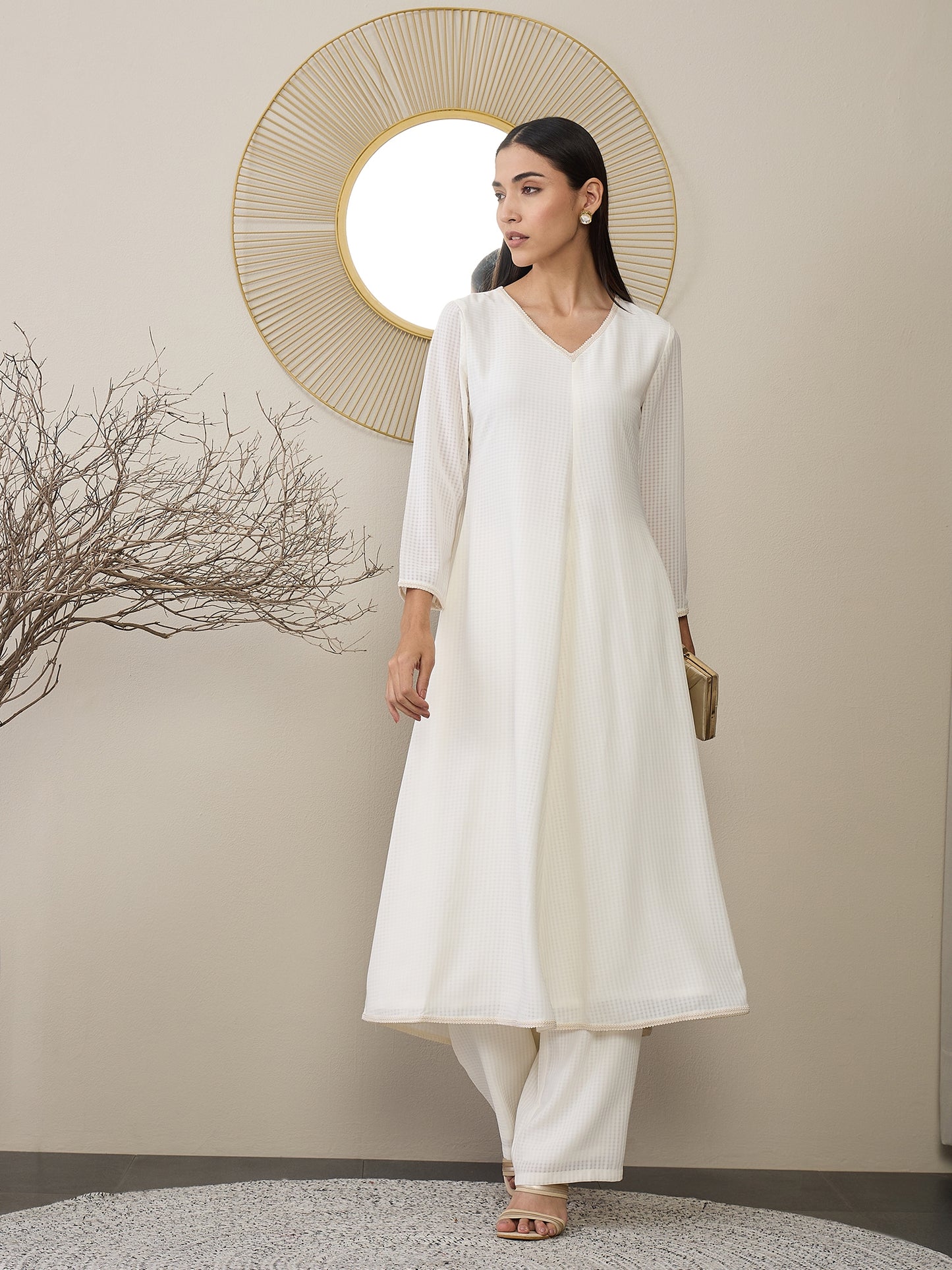 Checked V-Neck A-line Kurta with Palazzos