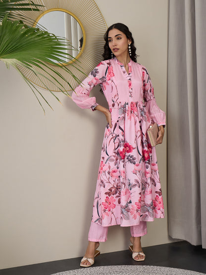 Floral Printed Mandarin Collar Puffed Sleeves Anarkali Kurta With Trousers