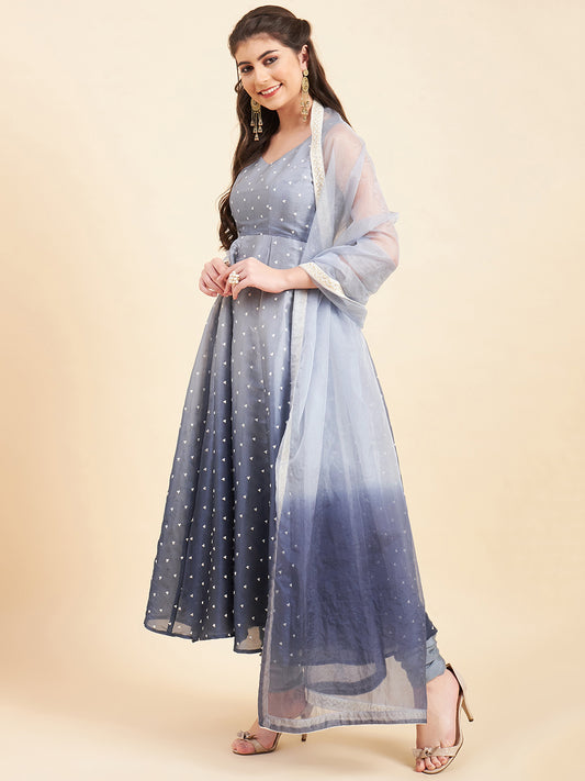 Embroidered Empire Sequinned Silk Crepe Kurta with Churidar & With Dupatta