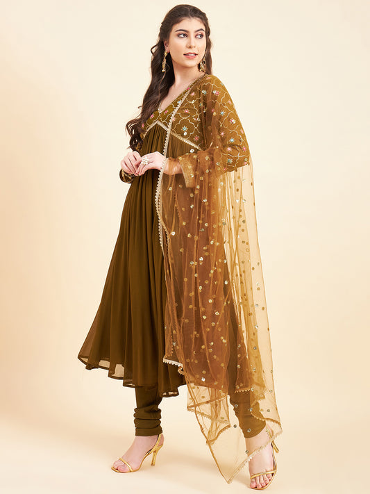 Floral Embroidered Empire Sequinned Kurta With Churidar & Dupatta