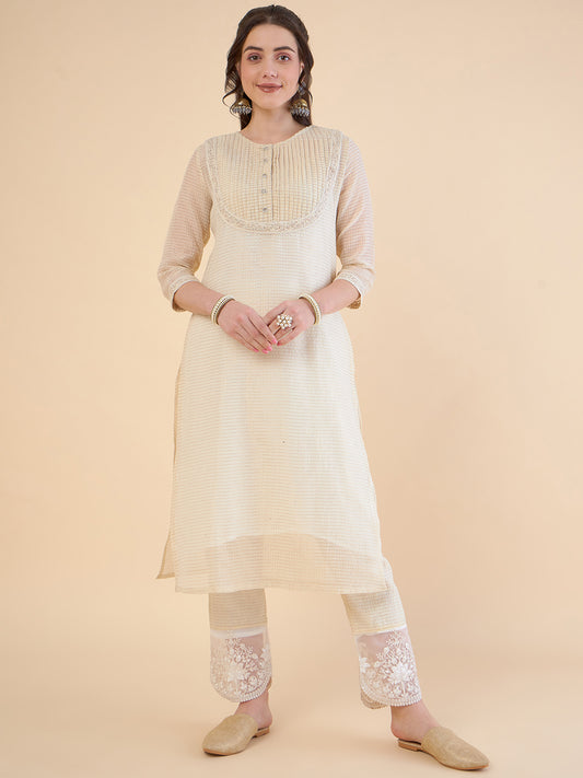 Round Neck Chanderi Cotton Straight Kurta With Trousers