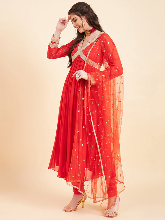 Orange Aliya Cut Design Kurta With Churidar Paired With Dupatta