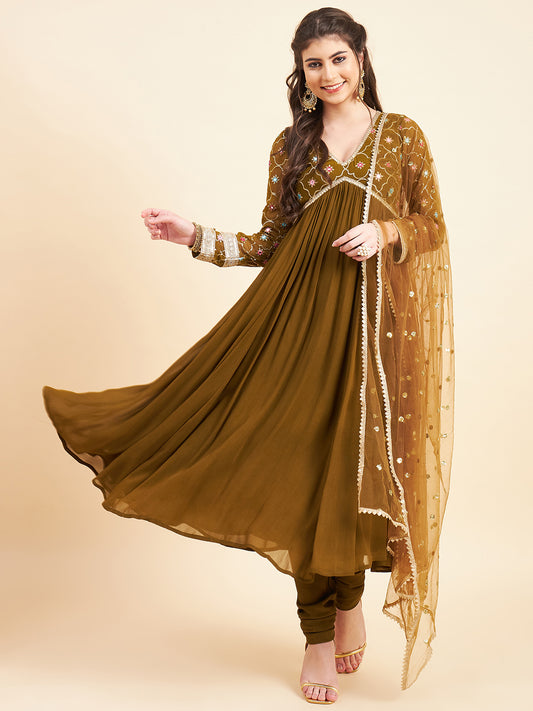 Floral Embroidered Empire Sequinned Kurta With Churidar & Dupatta