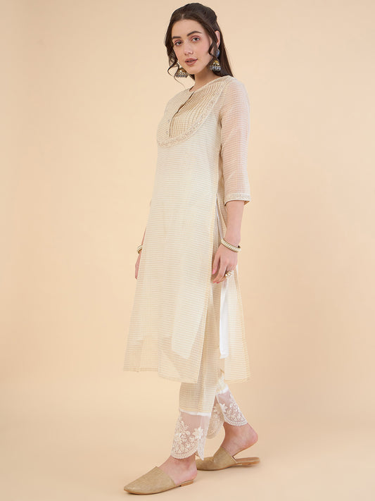 Round Neck Chanderi Cotton Straight Kurta With Trousers