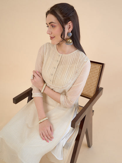 Round Neck Chanderi Cotton Straight Kurta With Trousers