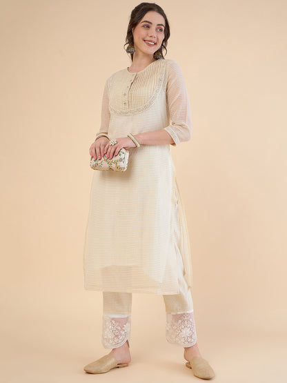 Round Neck Chanderi Cotton Straight Kurta With Trousers