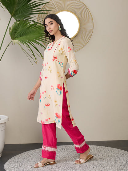 Floral Printed Notch Neck Regular Straight Kurta With Trousers