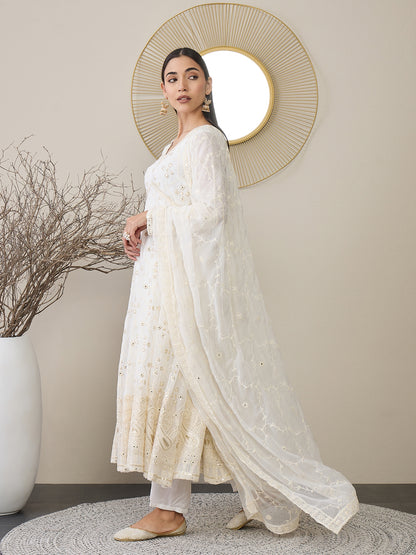 V-Neck Floral Embroidered Empire Mirror Work Anarkali Kurta with Trouser & Dupatta