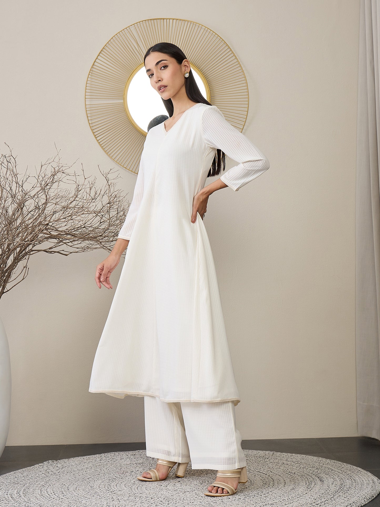 Checked V-Neck A-line Kurta with Palazzos