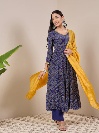 Bandhani Printed Regular Anarkali Kurta With Trousers & Dupatta