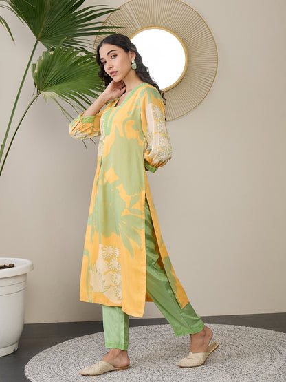 Square Neck Floral Printed Gotta Patti A-Line Kurta with Trousers