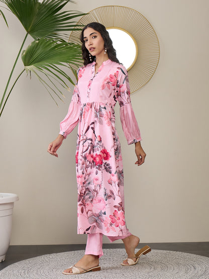 Floral Printed Mandarin Collar Puffed Sleeves Anarkali Kurta With Trousers